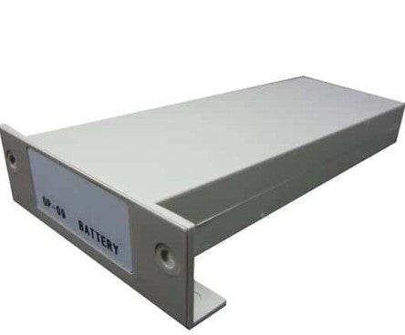 Rectangular rechargeable Ni‑MH battery pack for A&D EK‑i/EW‑i balances, with metal housing approximately 15 cm long, featuring a front panel labeled ‘OP‑09 BATTERY.’ Two black connector screws protrude from one end, and the housing is slightly L‑shaped to fit into the scale’s battery compartment