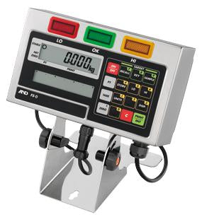 Stainless steel washdown indicator head for A&D checkweighing scales, featuring a large backlit LCD display with LO / OK / HI indicator lights and a numeric keypad. Designed for industrial and food-processing use in Canada, with IP65-rated protection against dust and water